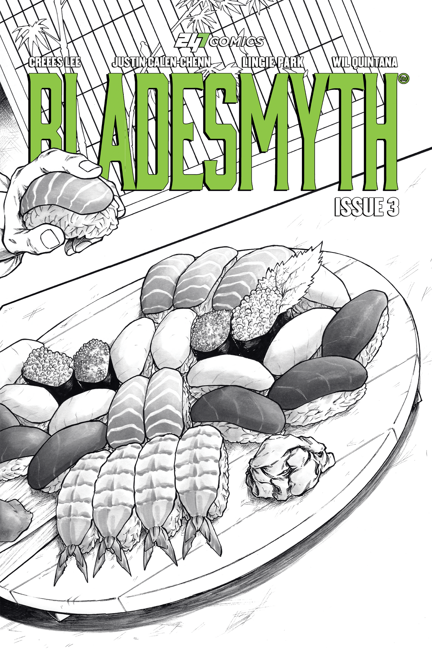 Bladesmyth Issue #3 artist edition comic book cover by 247 Comics, with sushi, illustrated by Creees Lee, colors by Wil Quintana, written by Linnie Park and Justin Calen-Chenn