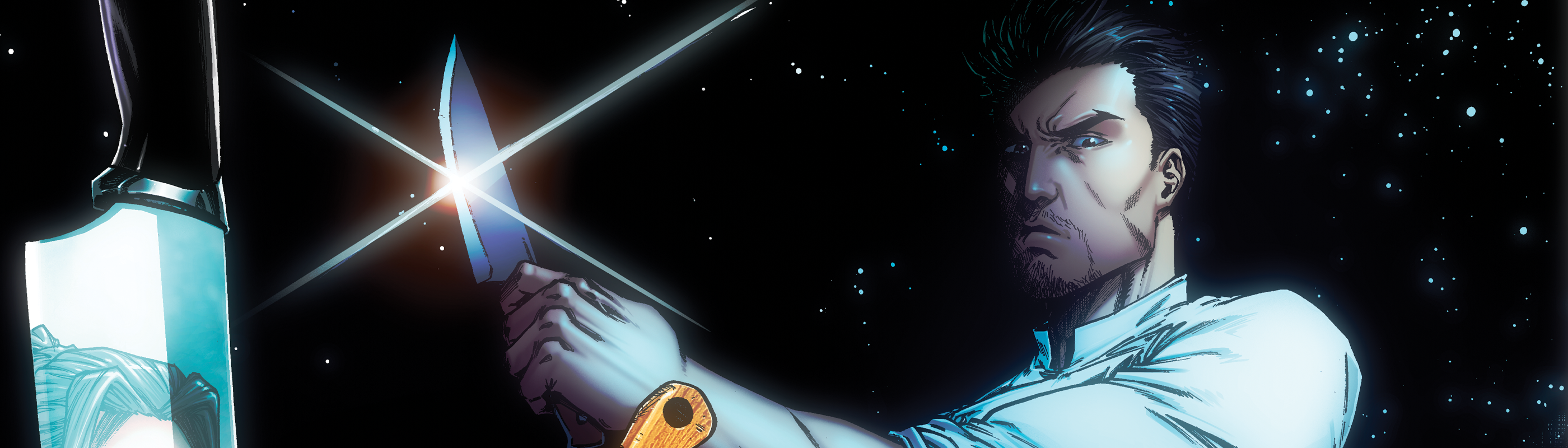 Character from comics 'Bladesmyth' holding a knife with a dark space background