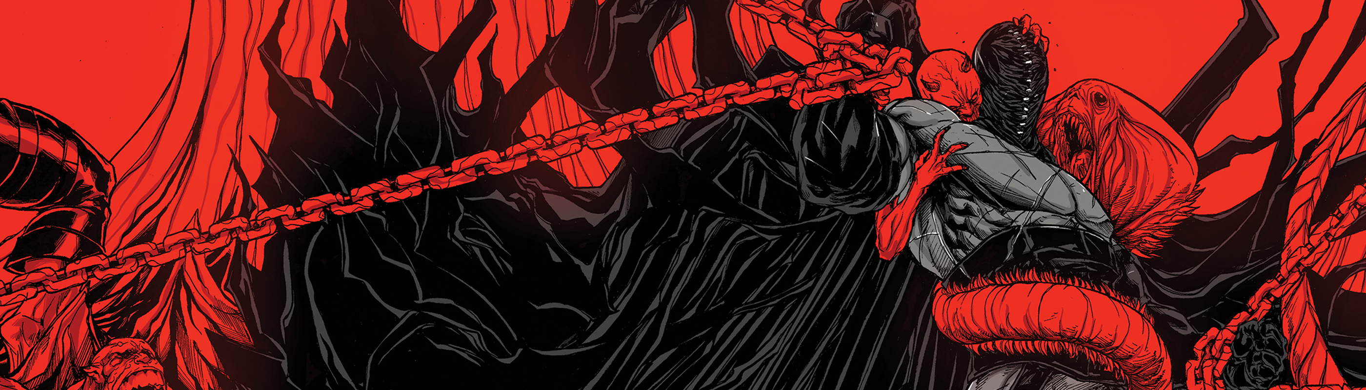 Illustration of a person chained to a red wall with a dark background from comics 'Heroes Be Damned'