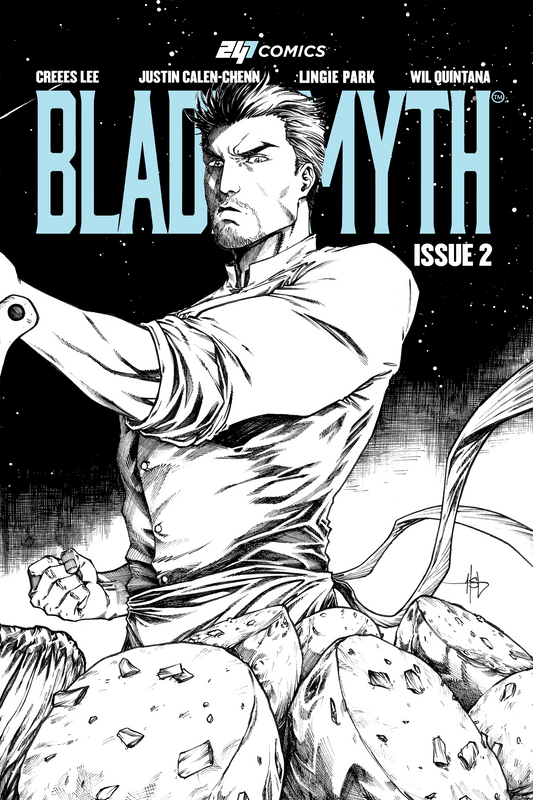 Bladesmyth Issue #2 artist edition comic book cover by 247 Comics, featuring a chef-warrior holding a blade, illustrated by Creees Lee, colors by Wil Quintana, written by Linnie Park and Justin Calen-Chenn