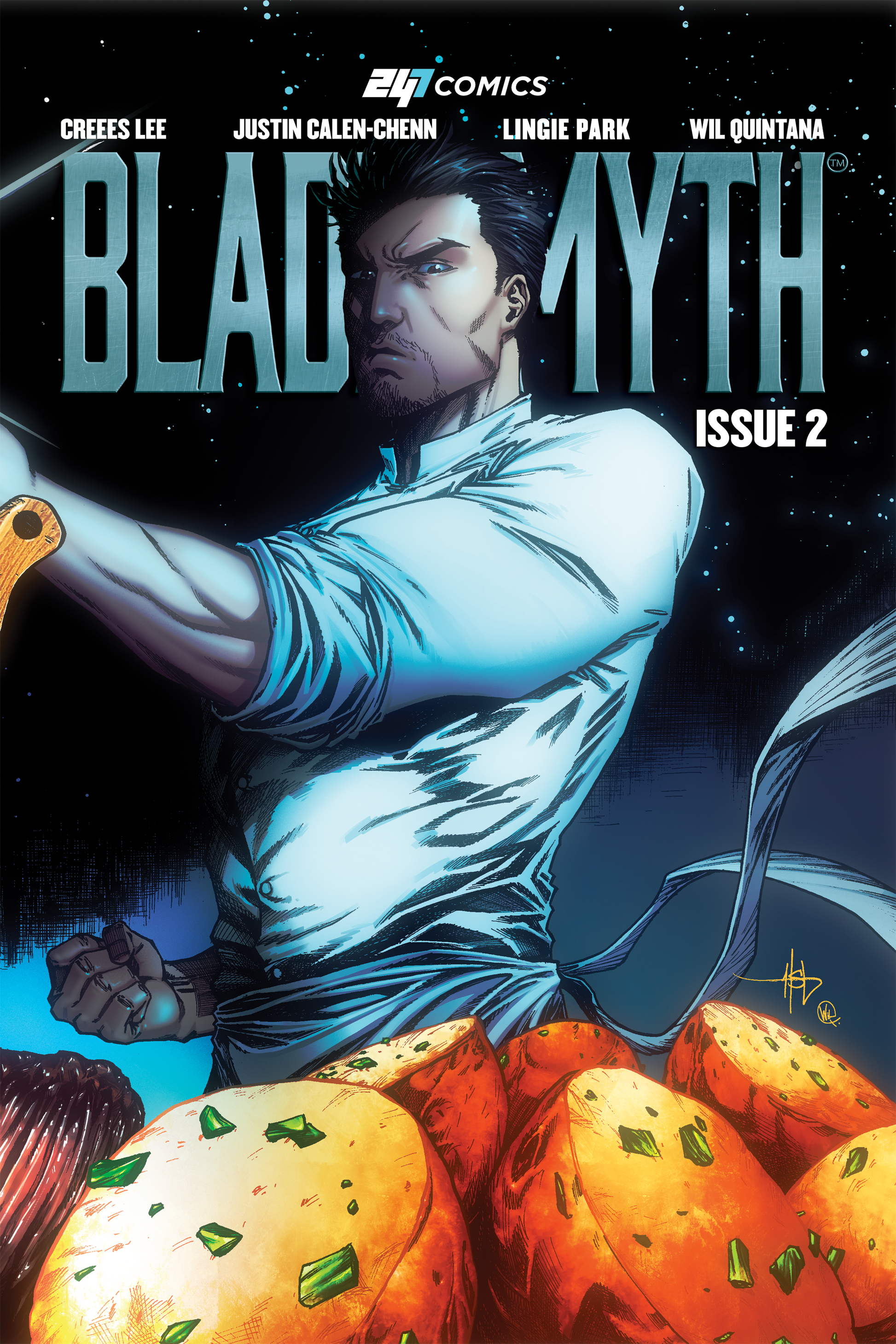 Bladesmyth Issue #2 artist edition comic book cover by 247 Comics, featuring a chef-warrior holding a blade, illustrated by Creees Lee, colors by Wil Quintana, written by Linnie Park and Justin Calen-Chenn