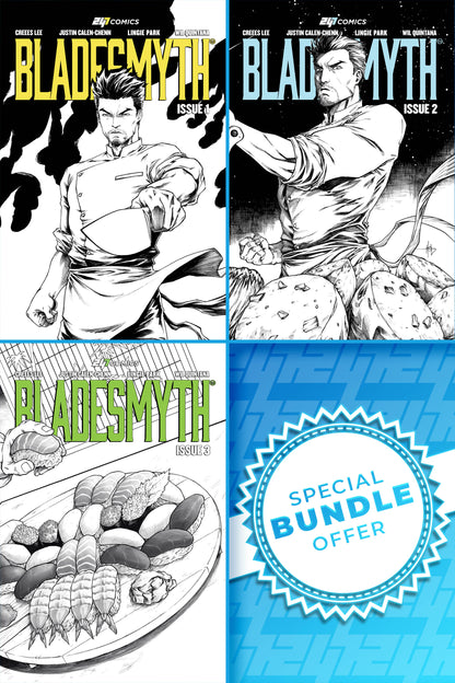 Three comic book covers of 'Bladesmyth Issue 1-3' artist editions with a special bundle offer label.