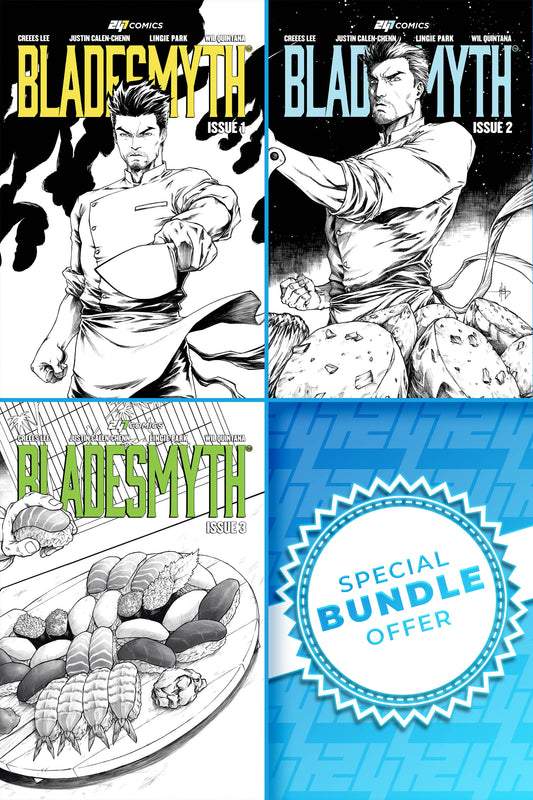 Three comic book covers of 'Bladesmyth Issue 1-3' artist editions with a special bundle offer label.