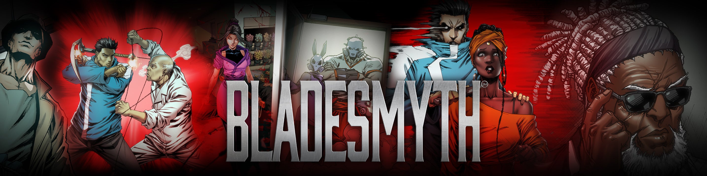 Promotional banner for 'Bladesmyth' featuring characters in action poses with a red background.