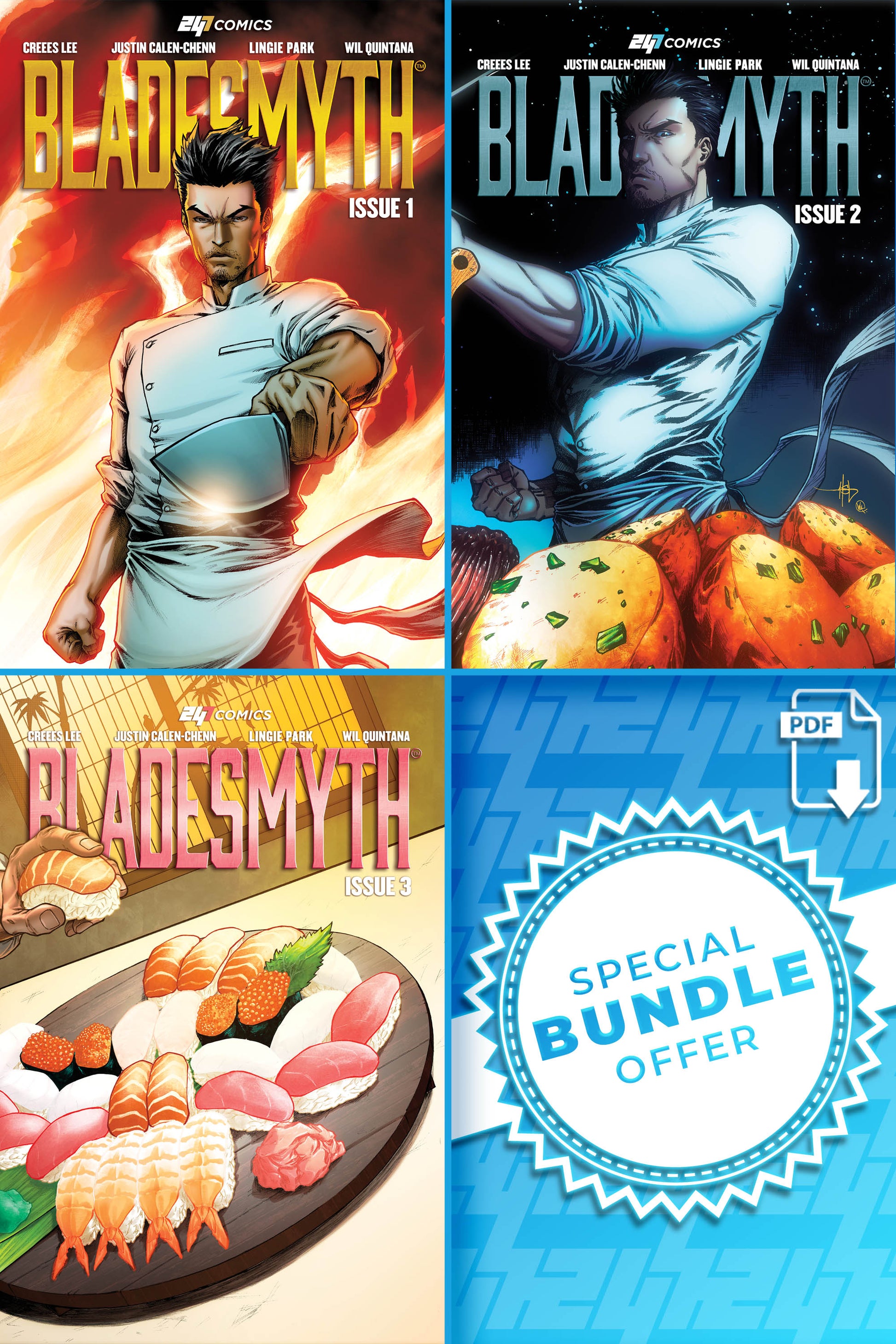 Three comic book covers of 'Bladesmyth Issue 1-3' digital editions with a special bundle offer label.