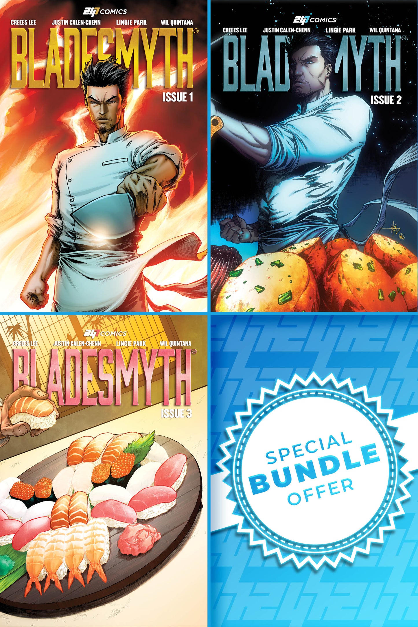 Three comic book covers of 'Bladesmyth Issue 1-3' standard editions with a special bundle offer label.