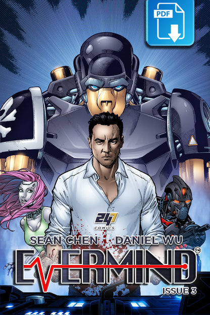 Evermind Issue #3 digital edition comic book cover by Sean Chen and Daniel Wu for 247 Comics, featuring a futuristic robots and humans in a sci-fi world.