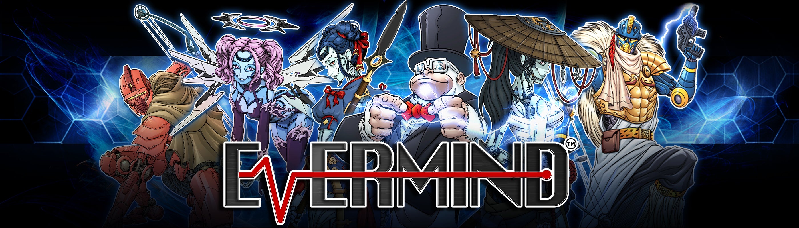 Promotional banner for 'Evermind' featuring characters with a dark blue background.