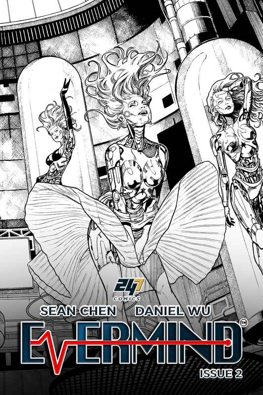 Evermind Issue #2 standard edition comic book cover by Sean Chen and Daniel Wu for 247 Comics, featuring a black and white futuristic robot in a sci-fi world.