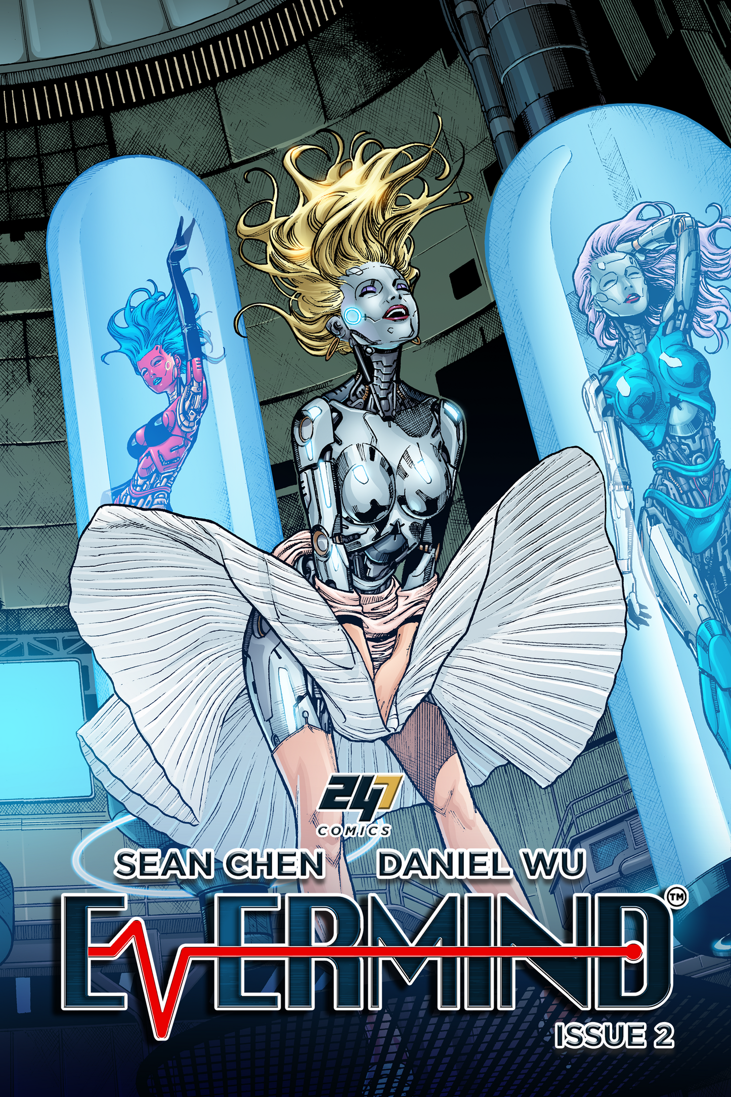 Evermind Issue #2 standard edition comic book cover by Sean Chen and Daniel Wu for 247 Comics, featuring futuristic robot in a sci-fi world.