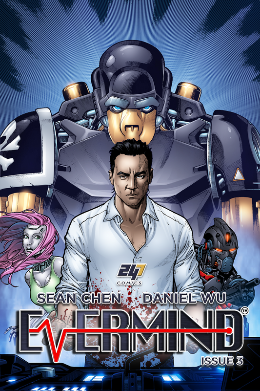 Evermind Issue #3 standard edition comic book cover by Sean Chen and Daniel Wu for 247 Comics, featuring a futuristic robots and humans in a sci-fi world.