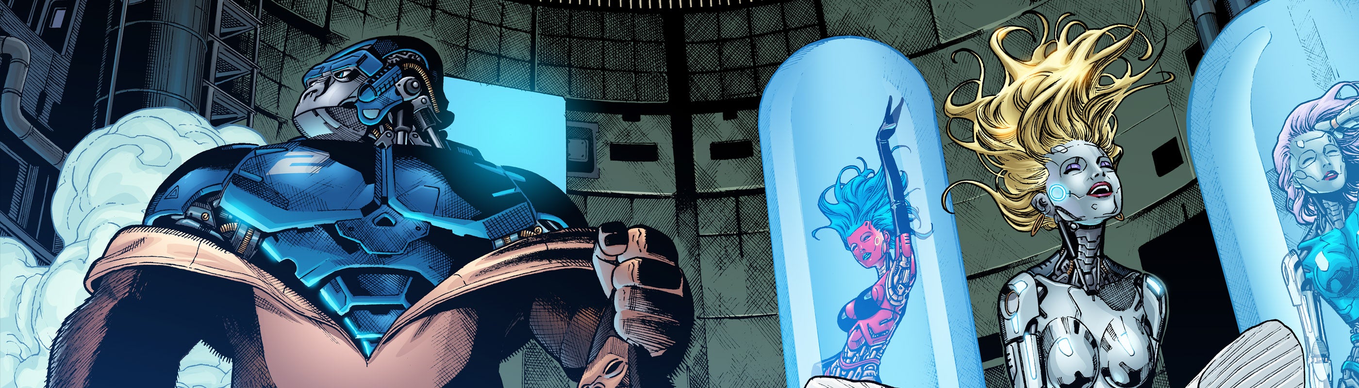 Evermind comic book robotic characters, gorilla Mech BoBo, and pleasure bot Britni