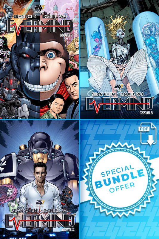 Three comic book covers of 'Evermind Issue 1-3' digital editions with a special bundle offer label.