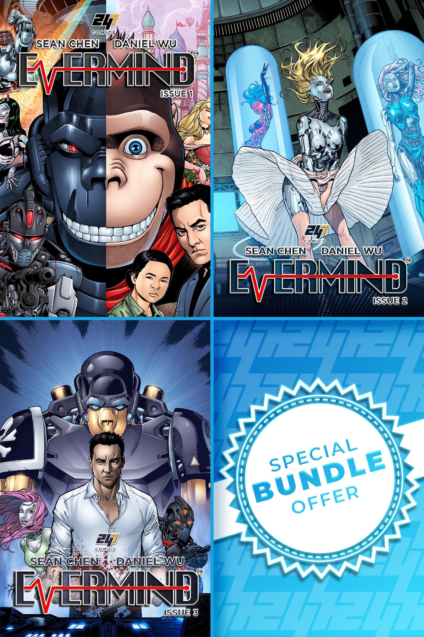 Three comic book covers of 'Evermind Issue 1-3' standard editions with a special bundle offer label.