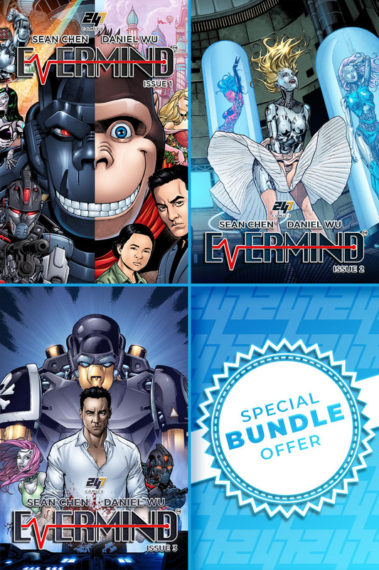 Three comic book covers of 'Evermind Issue 1-3' standard editions with a special bundle offer label.