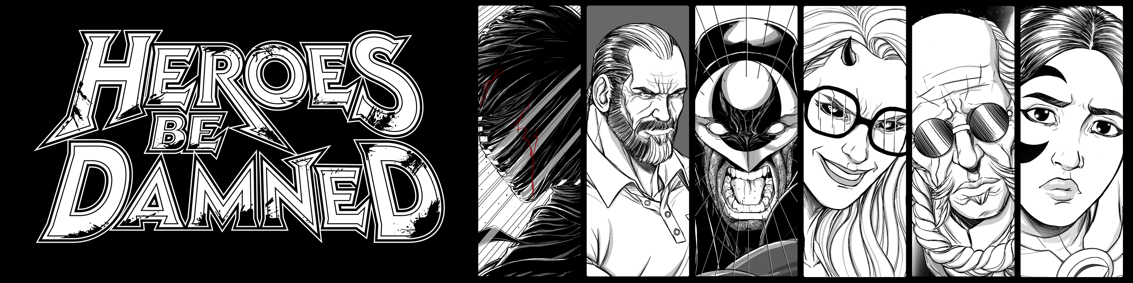 Characters from comics 'Heroes Be Damned' text on a black background