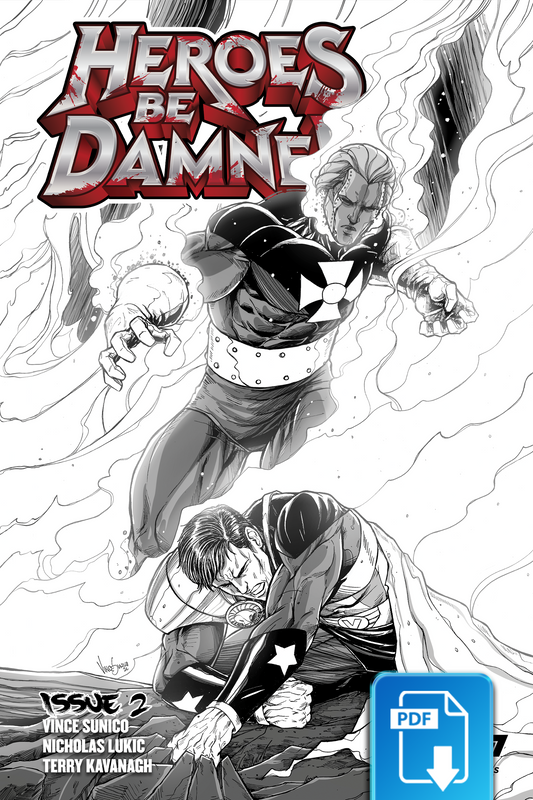 Heroes Be Damned Issue #2 digital comic book cover by 247 Comics, featuring a two characters in action poses on a white background. Created by Vince Sunico, Nicholas Lukic and Terry Kavanagh