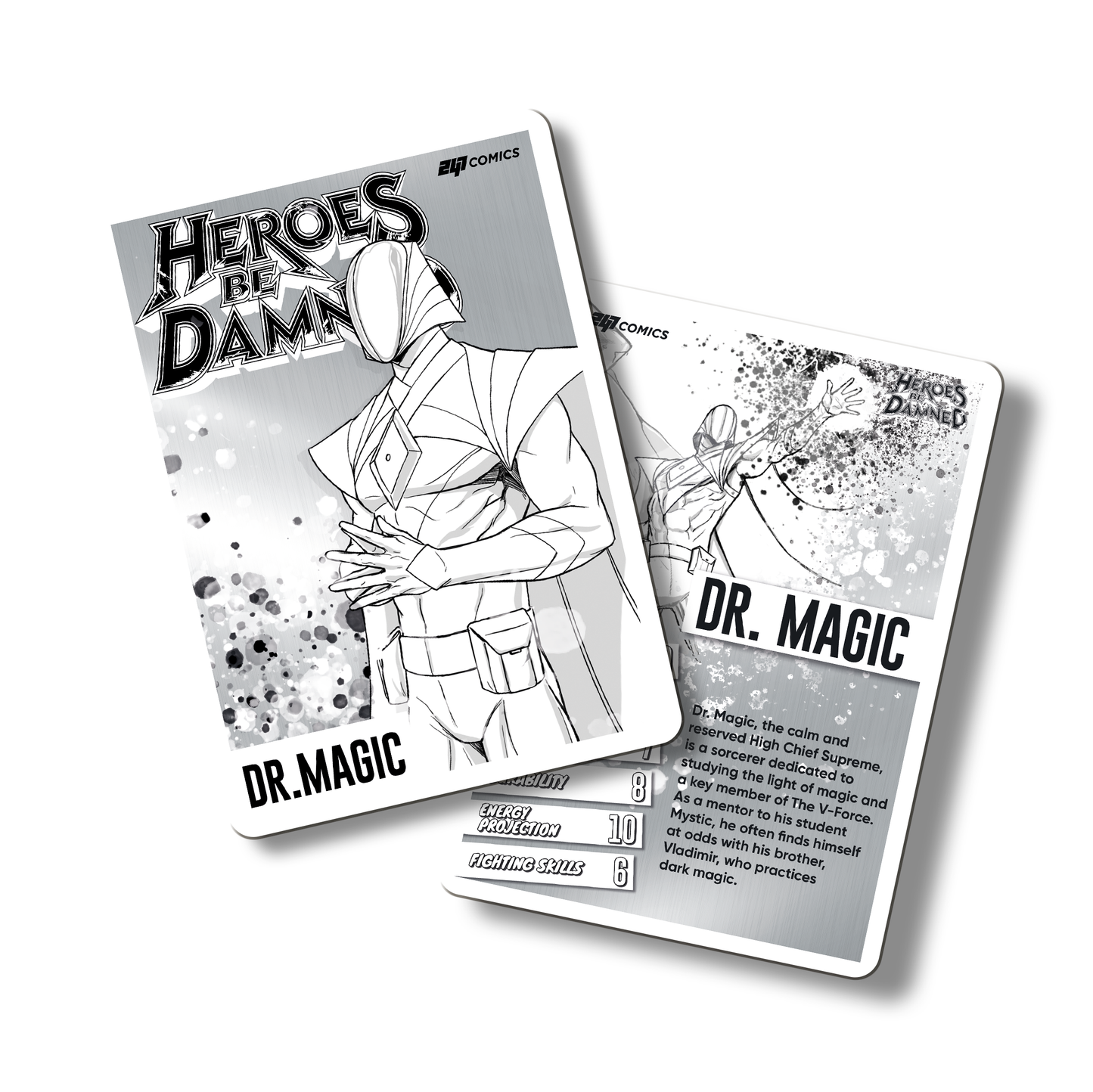 Heroes Be Damned Metal Character traiding card featuring Dr.Magic