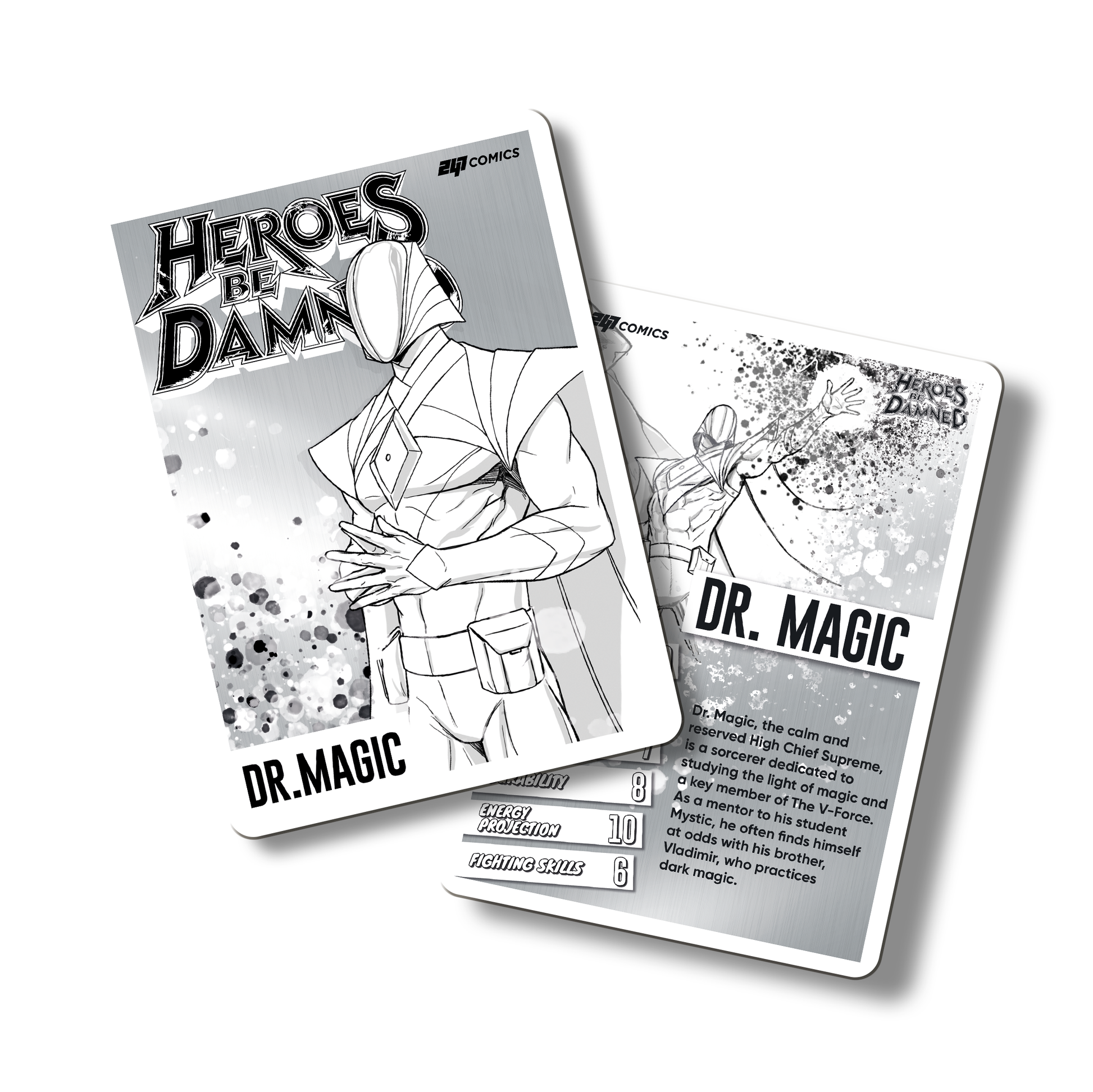 Heroes Be Damned Metal Character traiding card featuring Dr.Magic