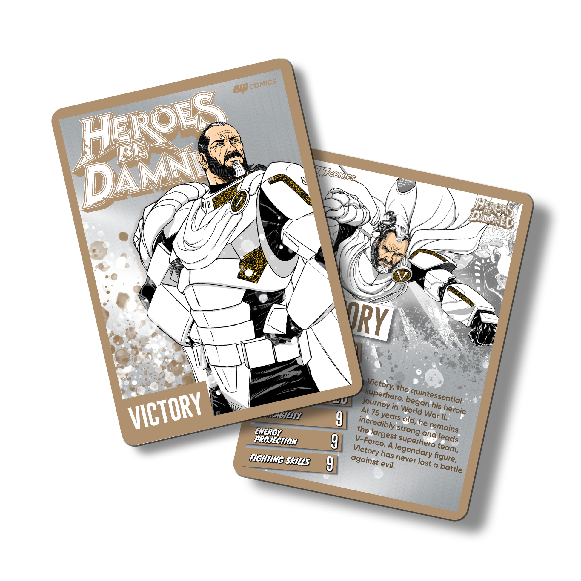 Heroes Be Damned Metal Character traiding card featuring Victory