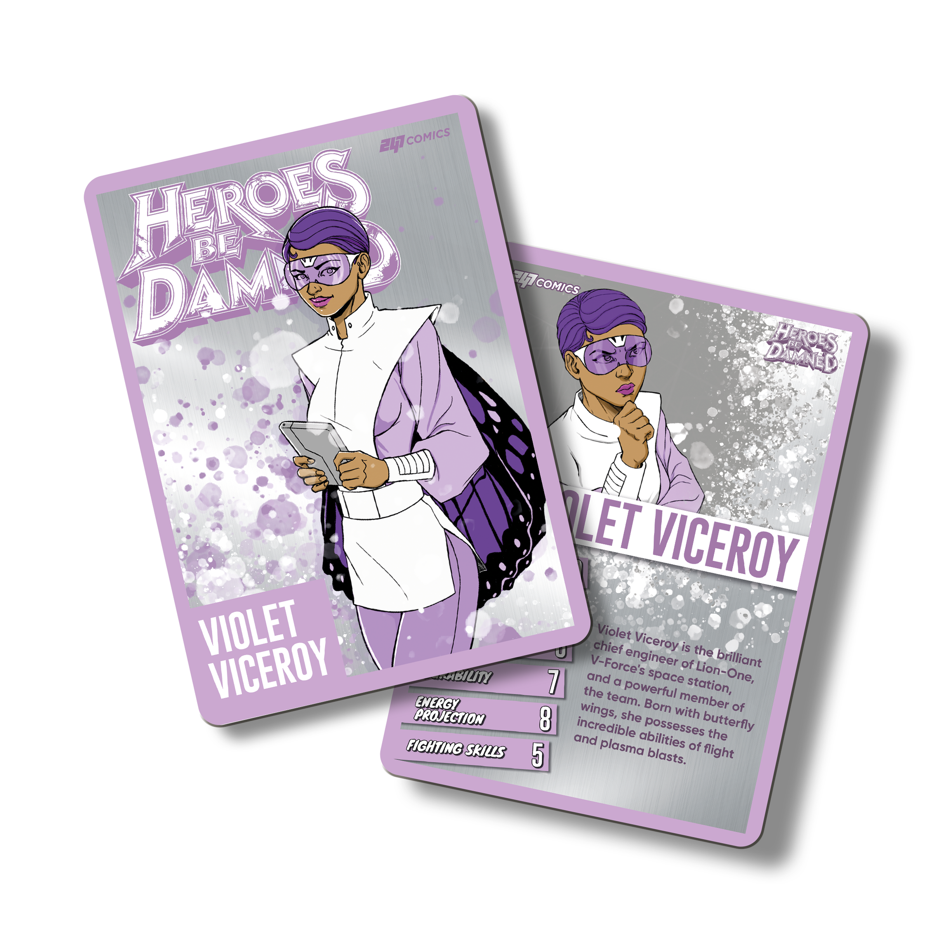 Heroes Be Damned Metal Character traiding card featuring Violet Viceroy