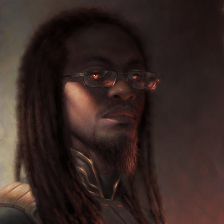 Artistic depiction of a men with dreadlocks and glasses against a dark background