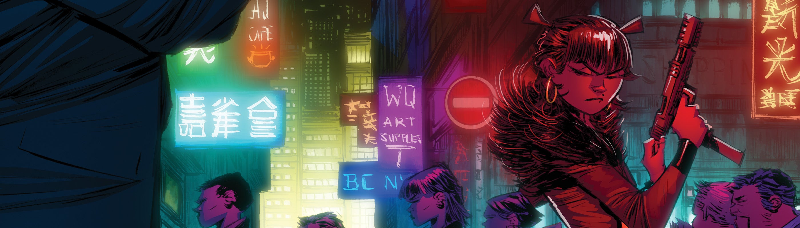 Zero Ghost comic book character Kira holding a gun in a neon-lit urban setting