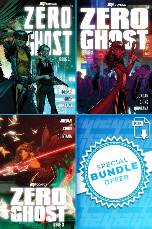 Three comic book covers of 'Zero Ghost Issue 1-3' digital editions with a special bundle offer label.