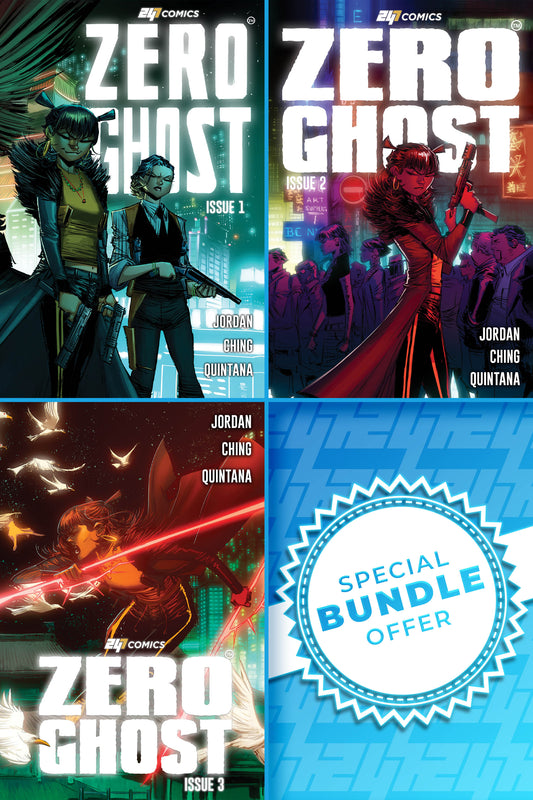 Three comic book covers of 'Zero Ghost Issue 1-3' standard editions with a special bundle offer label.